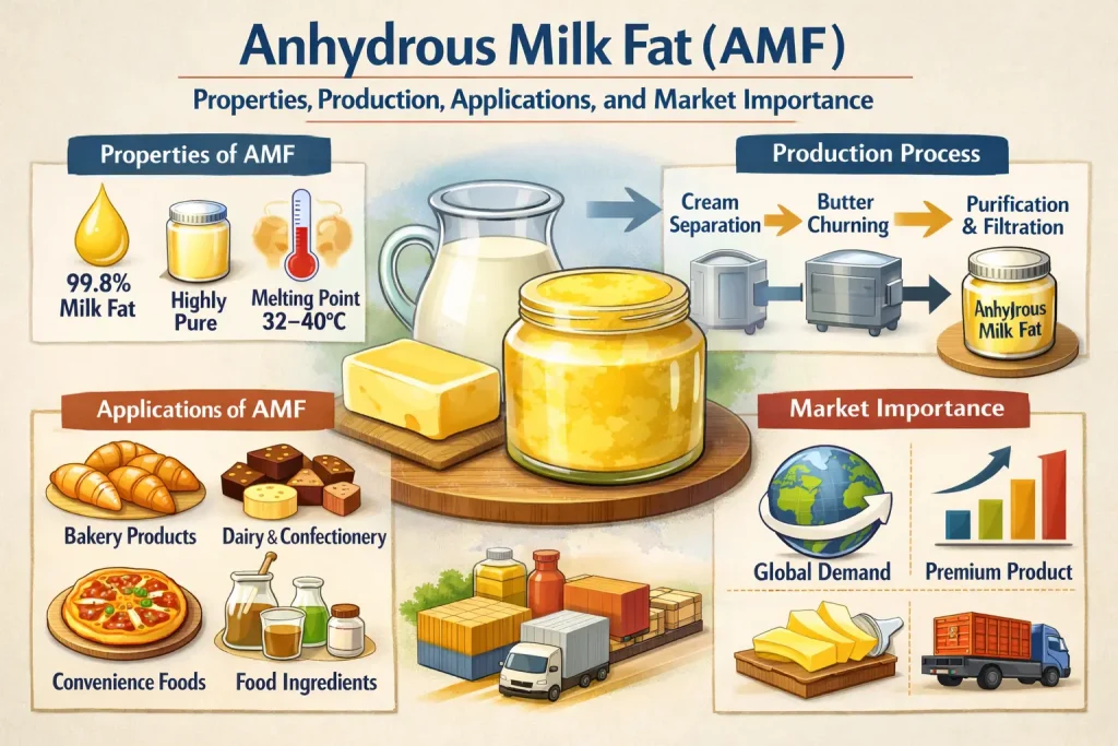 چربی شیر بدون آب (Anhydrous Milk Fat – AMF): ویژگی‌ها، فرآیند تولید، کاربردها و اهمیت در بازار جهانی
